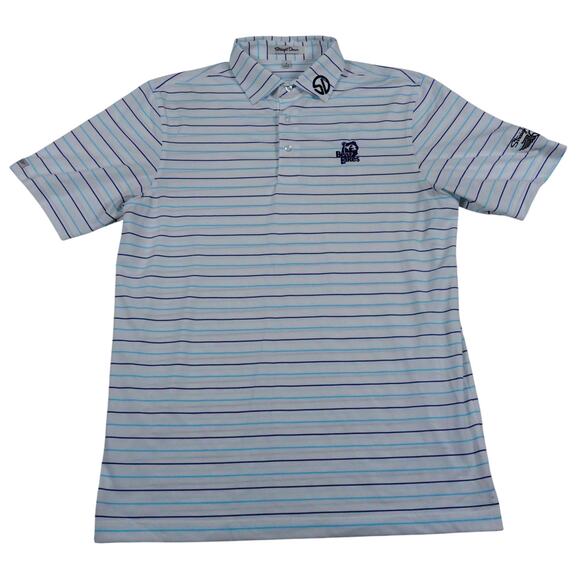 Straight Down Mens Blue Striped EMBROIDERED Golf Polo Shirt Bear Lake Small - Picture 2 of 7